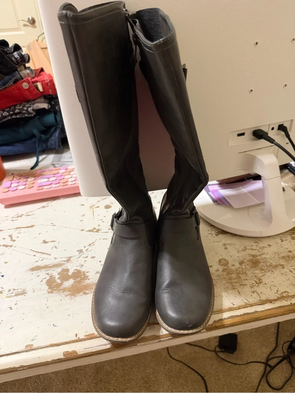 Jeossy Italian Dark gray Tall Buckle Riding Boots 9 buckles zip side nwot